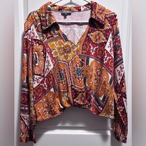 Haute Hippie Blouse size L long sleeves wrap style collar printed oranges